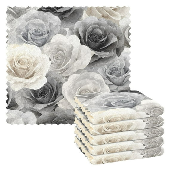 6PCS Dish Towels and Dish Cloths Reuseable Dishcloths Sets for Washing Dishes, Cooking, Baking Size 11" x 11" Ink Wash Style Roses