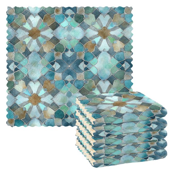 6PCS Dish Towels and Dish Cloths Reuseable Dishcloths Sets for Washing Dishes, Cooking, Baking Size 11" x 11" Intricate Blue Block Pattern