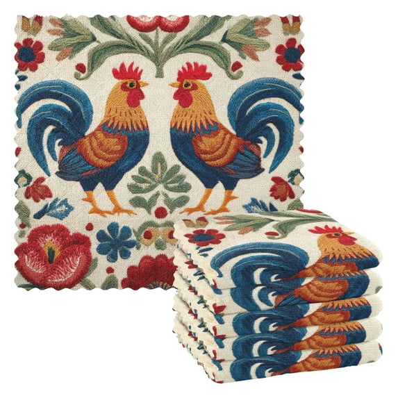 6PCS Dish Towels and Dish Cloths Reuseable Dishcloths Sets for Washing Dishes, Cooking, Baking Size 11" x 11" Male and Female Chickens