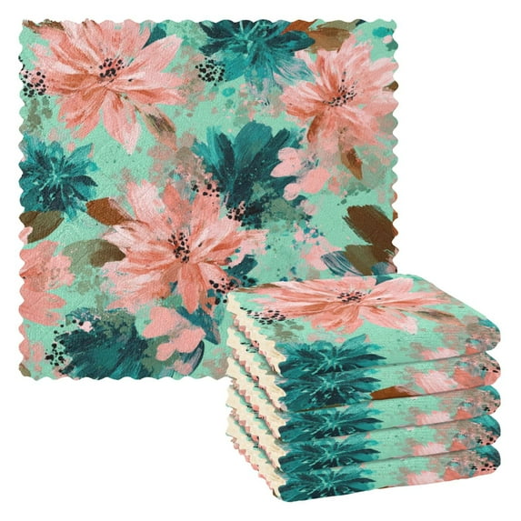 6PCS Dish Towels and Dish Cloths Reuseable Dishcloths Sets for Washing Dishes, Cooking, Baking Size 11" x 11" Pink Abstract Floral Patterns