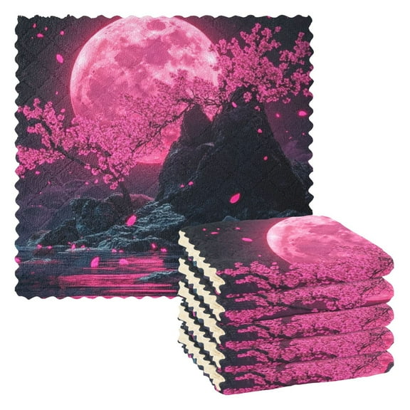 6PCS Dish Towels and Dish Cloths Reuseable Dishcloths Sets for Washing Dishes, Cooking, Baking Size 11" x 11" Pink Moon and Cherry Blossoms