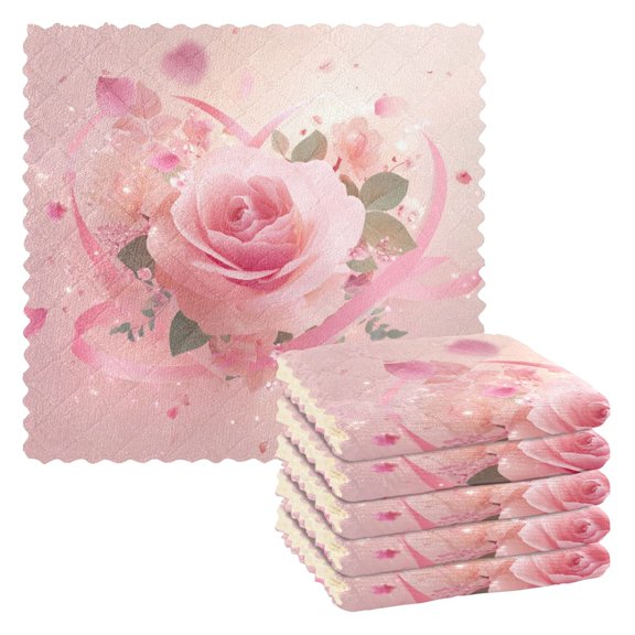 6PCS Dish Towels and Dish Cloths Reuseable Dishcloths Sets for Washing Dishes, Cooking, Baking Size 11" x 11" Pink Rose Pattern