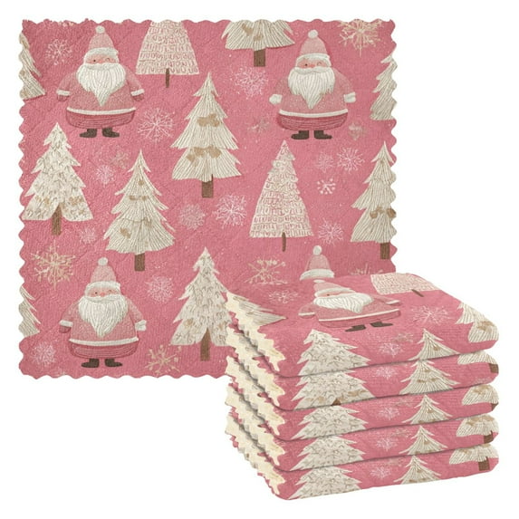 6PCS Dish Towels and Dish Cloths Reuseable Dishcloths Sets for Washing Dishes, Cooking, Baking Size 11" x 11" Pink Santa Claus Pattern