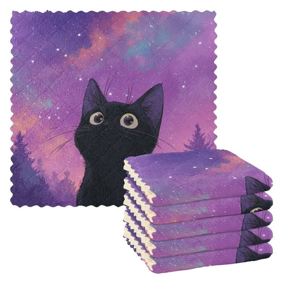 6PCS Dish Towels and Dish Cloths Reuseable Dishcloths Sets for Washing Dishes, Cooking, Baking Size 11" x 11" Purple Sky and Black Cat