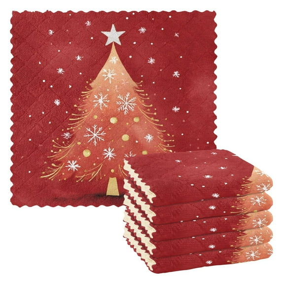 6PCS Dish Towels and Dish Cloths Reuseable Dishcloths Sets for Washing Dishes, Cooking, Baking Size 11" x 11" Red Christmas Tree
