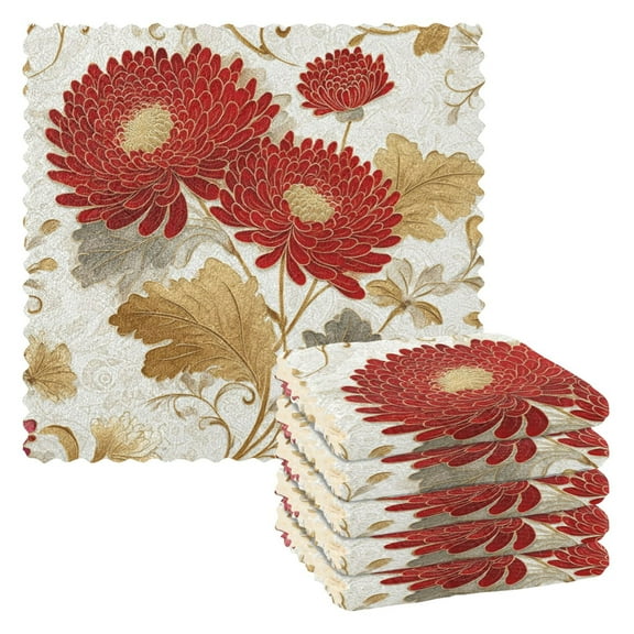 6PCS Dish Towels and Dish Cloths Reuseable Dishcloths Sets for Washing Dishes, Cooking, Baking Size 11" x 11" Red Chrysanthemum Pattern