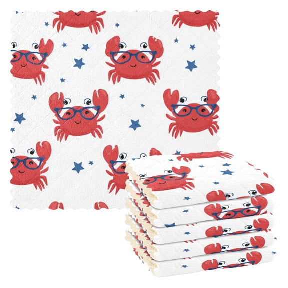 6PCS Dish Towels and Dish Cloths Reuseable Dishcloths Sets for Washing Dishes, Cooking, Baking Size 11" x 11" Red Crabs Pattern