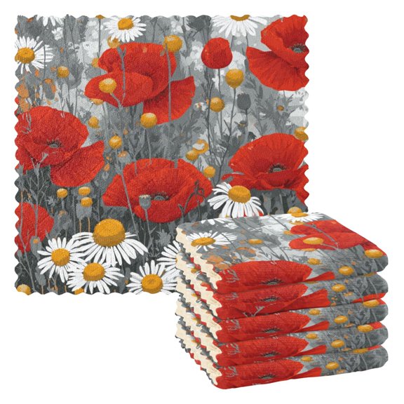 6PCS Dish Towels and Dish Cloths Reuseable Dishcloths Sets for Washing Dishes, Cooking, Baking Size 11" x 11" Red Flowers and Daisies