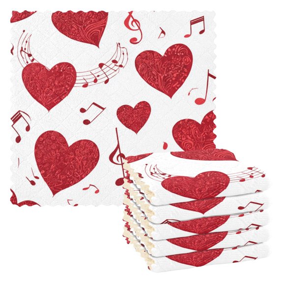 6PCS Dish Towels and Dish Cloths Reuseable Dishcloths Sets for Washing Dishes, Cooking, Baking Size 11" x 11" Red Hearts with Musical Notes