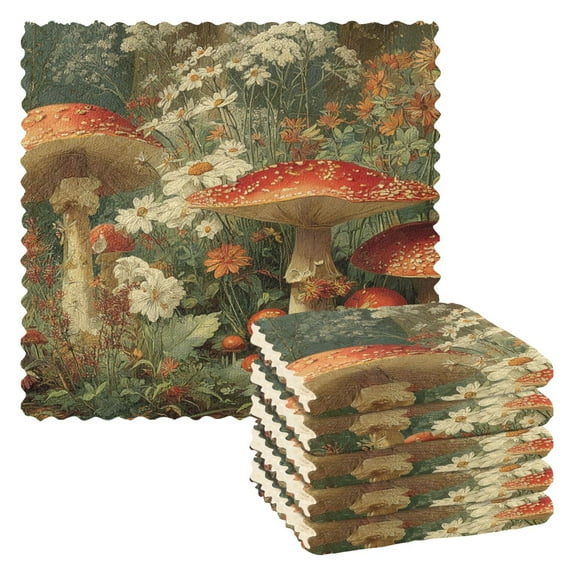 6PCS Dish Towels and Dish Cloths Reuseable Dishcloths Sets for Washing Dishes, Cooking, Baking Size 11" x 11" Red Mushrooms