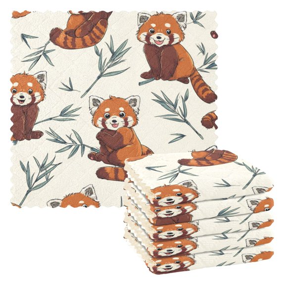 6PCS Dish Towels and Dish Cloths Reuseable Dishcloths Sets for Washing Dishes, Cooking, Baking Size 11" x 11" Red Panda Pattern