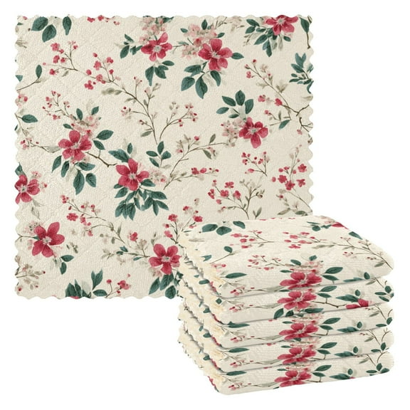 6PCS Dish Towels and Dish Cloths Reuseable Dishcloths Sets for Washing Dishes, Cooking, Baking Size 11" x 11" Red Small Floral Pattern