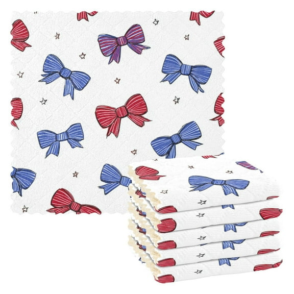 6PCS Dish Towels and Dish Cloths Reuseable Dishcloths Sets for Washing Dishes, Cooking, Baking Size 11" x 11" Red and Blue Stripe Bows