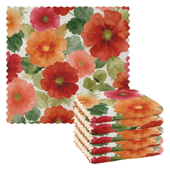6PCS Dish Towels and Dish Cloths Reuseable Dishcloths Sets for Washing Dishes, Cooking, Baking Size 11" x 11" Red and Orange Flowers