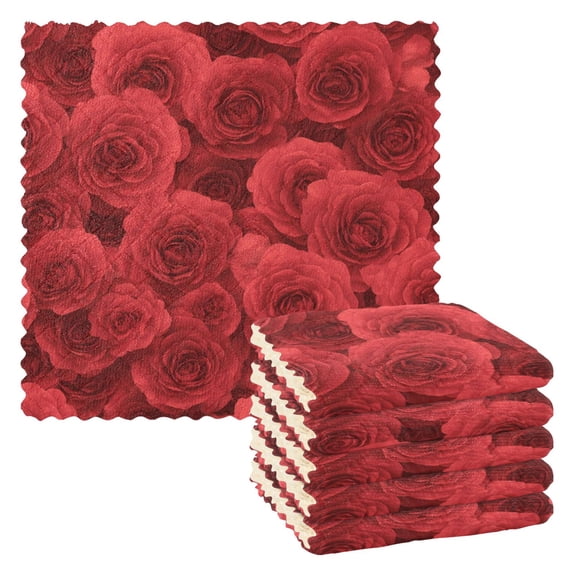 6PCS Dish Towels and Dish Cloths Reuseable Dishcloths Sets for Washing Dishes, Cooking, Baking Size 11" x 11" Romantic Red Roses in Rows