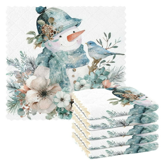 6PCS Dish Towels and Dish Cloths Reuseable Dishcloths Sets for Washing Dishes, Cooking, Baking Size 11" x 11" Snowman with Flowers Bird