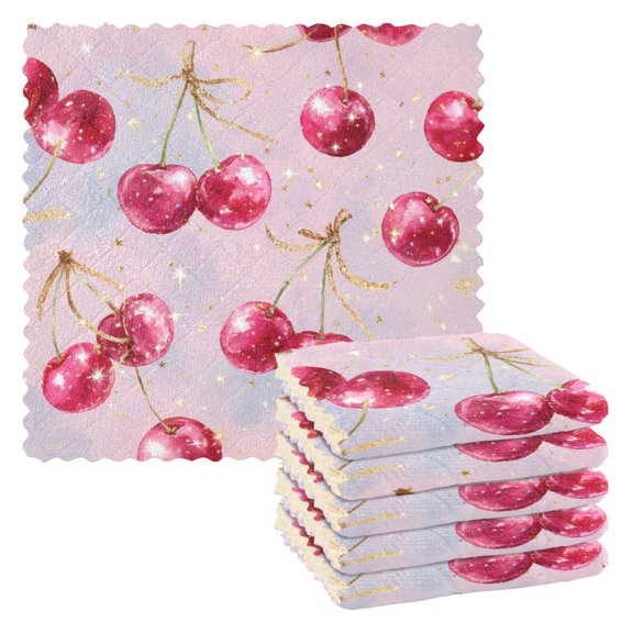 6PCS Dish Towels and Dish Cloths Reuseable Dishcloths Sets for Washing Dishes, Cooking, Baking Size 11" x 11" Watercolor Sparkling Cherries