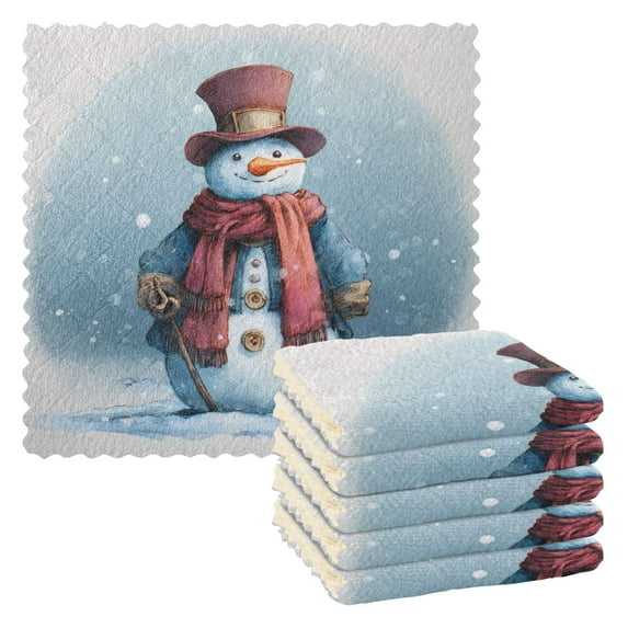 6PCS Dish Towels and Dish Cloths Reuseable Dishcloths Sets for Washing Dishes, Cooking, Baking Size 11" x 11" Watercolor-style Snowman Pattern