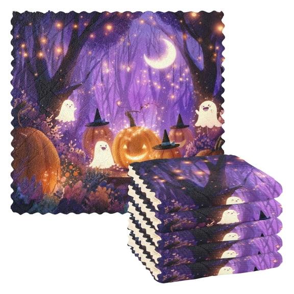 6PCS Dish Towels and Dish Cloths Reuseable Dishcloths Sets for Washing Dishes, Cooking, Baking Size 11" x 11" Whimsical Cartoon Halloween Scene