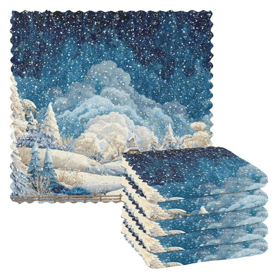6PCS Dish Towels and Dish Cloths Reuseable Dishcloths Sets for Washing Dishes, Cooking, Baking Size 11" x 11" Winter Fairyland Scene