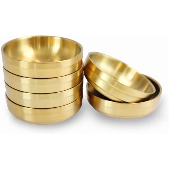 6PCS Double Deck Stainless Steel Sauce Dish Small, 3.5 In Round Mini Condiment Tray, Sauce Plate, Sushi Dipping Bowls, Appetizer Trays, Dinner Plate Condiment Dish for Restaurant and Home(Golden)