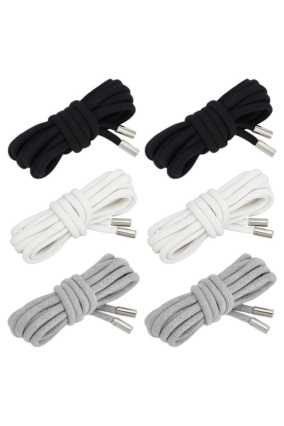 6PCS Drawstring Cords Replacement 3 Colors Round Hoodie Drawstring Durable Cotton Drawstring for Shoes Lace Making Pants Sweatshirt Jackets Coats (52 Inch) Black White Gray DIY