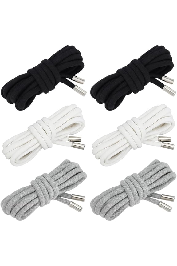 6PCS Drawstring Cords Replacement 3 Colors Round Hoodie Drawstring Durable Cotton Drawstring for Shoes Lace Making Pants Sweatshirt Jackets Coats (52 Inch) Black White Gray