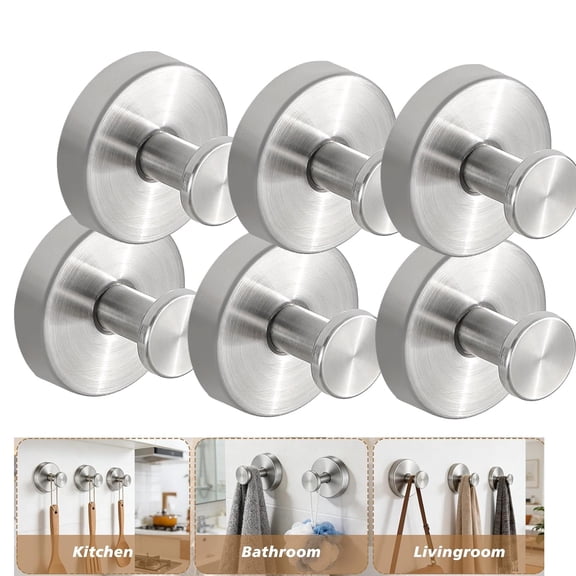 6PCS No Drill Suction Cup Hooks, Waterproof Reusable Stainless Steel Towel Hooks, 15lbs Strong Wall Hangers for Shower, Kitchen, Glass & Tile Surfaces(Silver)