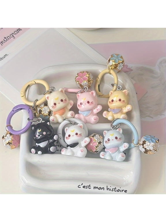 6PCS Drum Bell Cat Cartoon Keychain Student Backpack Cute Pendant Girl Bag Accessories Girlfriend mini 3D Cat Keychains, Car Key Decorations, Christmas and Thanksgiving Party Gifts