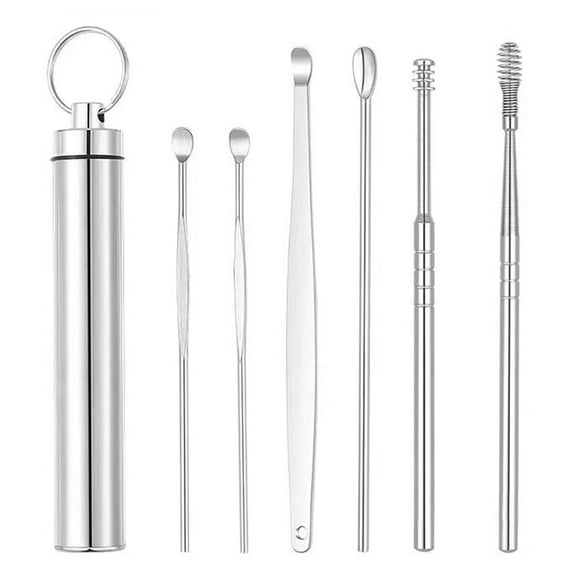 6PCS Ear Wax Removal Portable Ear Spoon Kit with Stainless Steel Spiral Ear Scoop Portable Keychain Ear Digging Spoon