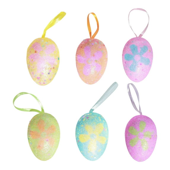 6PCS Easter Glitter Hanging Eggs Ornaments - Colorful Tinsel Easter Egg Ornaments, Spring Foam Hanging Egg Ornament for Tree Christmas Home Party DIY Craft Decoration