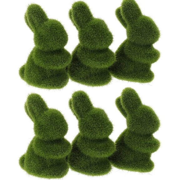 6PCS Easter Moss Bunny Figurine, Mini Furry Flocked Rabbit Statue Green Standing Rabbit Sculpture Bunny Action Figure Desktop Ornament for Easter Gift