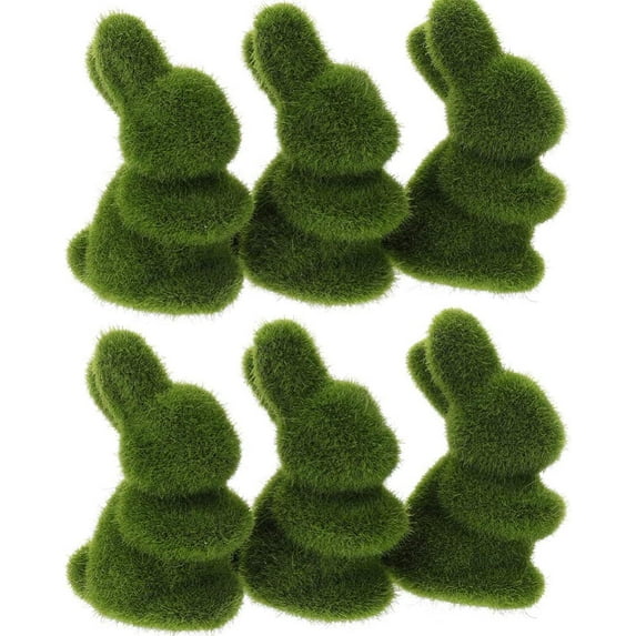 6PCS Easter Moss Bunny Figurine, Mini Furry Flocked Rabbit Statue Green Standing Rabbit Sculpture Bunny Action Figure Desktop Ornament for Easter Gift