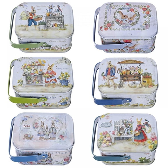 6PCS Easter Portable Candy Jar, Elegant Cookie Jar,Tin Metal Empty Jars Cookie Box Candy Storage Containers, Easter Gift Box Decor with Lids and Handle for Easter Decoration Holiday Party Supplies