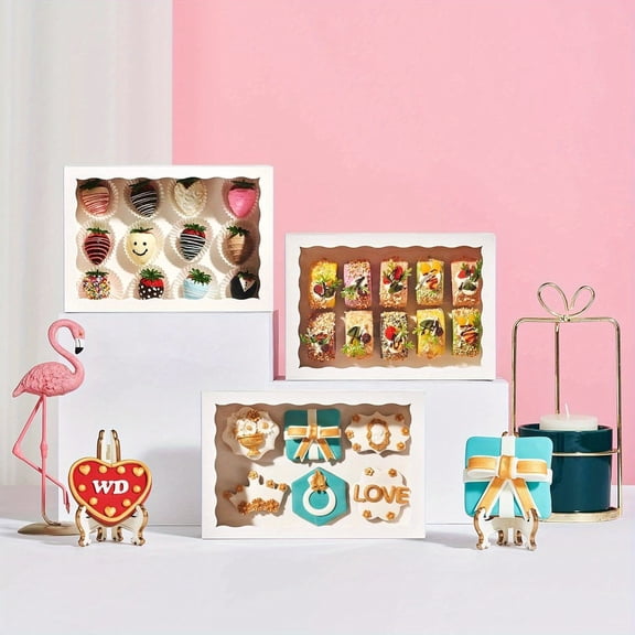 6PCS Elegant Cookies Boxes, 7 x 4.3 x 1.6 inches, Strawberries Boxes with Display Window, White Paper Box