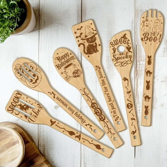 6PCS Element Greeting Wooden Kitchen Cooking Utensil Set Non Toxic Bamboo Wood Spoon Set for Cooking Best Housewarming Birthday Thanksgiving Christmas Gift for Women Mother Gold