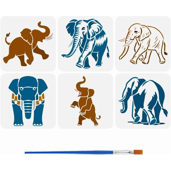 6PCS Elephant Stencils Painting with Brush 7.9x7.9inch Reusable Elephant Silhouette Template Hollowed Elephants Pattern Stencil Plastic Animal Theme Template