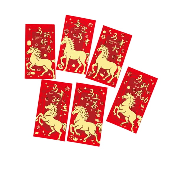 6PCS Equine-Themed Red Envelopes, New Year Money Packets With Traditional Blessings for Weddings & Festive