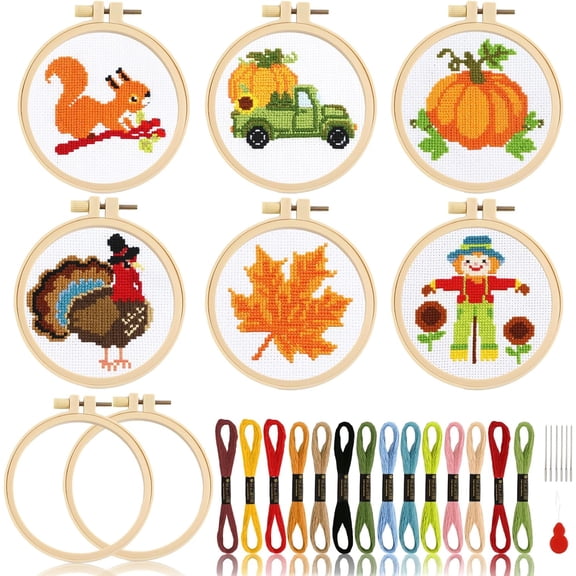 6PCS Fall Cross Needle Kits for Beginners Autumn DIY Embroidery Kit for Kids Adults Fall Thanksgiving Gift Turkey Pumpkin Maple Leaf Truck Squirrel Scarecrow Craft Needlepoint Starter Supplies