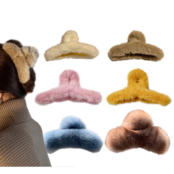 6PCS Faux Fur Claw Clip for Winter, 5.5 Inches Large Fuzzy Hair Claw for Long Fur Hair Clips Leopard Grasp Clip for Women Girls for Daily, Parties (Blue white, brown, pink, yellow, brown, white)