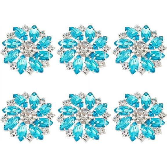 6PCS Flower Brass Rhinestone Shank Buttons 26MM Cyan Crystal Sew On Buttons with 1-Hole and Flat Back Fashion Claw Rhinestone Snowflake Buttons for Cloth DIY Crafts Wedding Decor