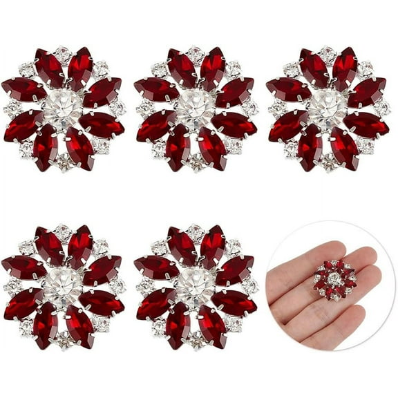 6PCS Flower Brass Rhinestone Shank Buttons 26MM Red with 1-Hole and Flat Back Fashion Claw Rhinestone Snowflake Buttons for Cloth DIY Crafts Wedding Decor DIY