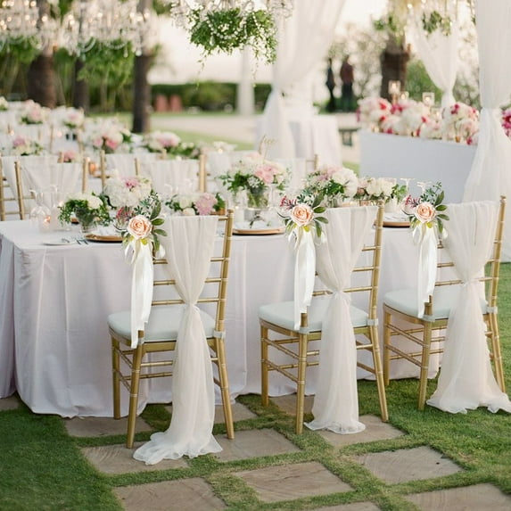 6PCS Flower Chair Back Decorations - White Rose & Leaves, Chair Decorations for Wedding Ceremony, Party, & Bench, Beige, Indoor/Outdoor Decor