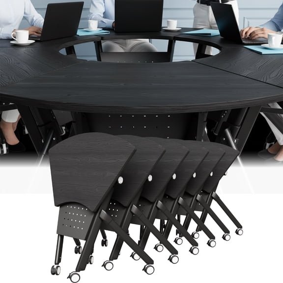 6PCS Folding Sector-shaped Conference Table with Wheels dia 70.9in Black, Foldable Mobile Training Tables for Office Classroom (HSSX )