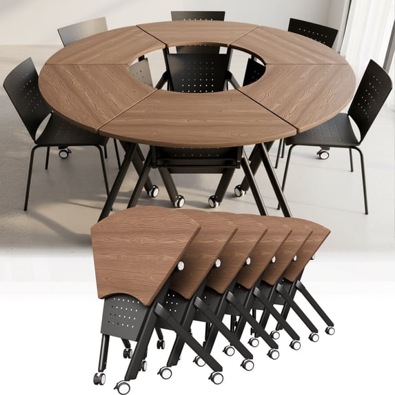 6PCS Folding Sector-shaped Conference Table with Wheels dia 70.9in Walnut, Foldable Mobile Training Tables for Office Classroom (HTSX )