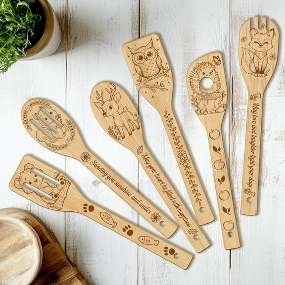 6PCS Forest Animal Wooden Kitchen Cooking Utensil Set Non Toxic Bamboo Wood Spoon Set for Cooking Best Housewarming Birthday Thanksgiving Christmas Gift for Women Mother