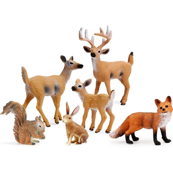 6PCS Forest Animals Figures, Woodland Creatures Figurines, Miniature Toys Cake Toppers (Deer Family, Fox, Rabbit, Squirrel)