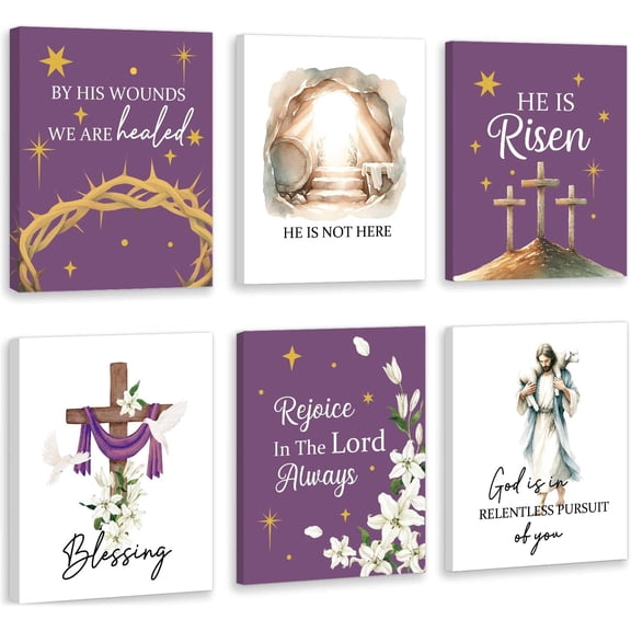 6PCS Framed Purple He is Risen Easter Christian Religious Canvas Wall Art,8”*10" Bible Verse Inspirational Scripture Wall Decor, Jesus Lamb Easter Tomb Lily Flowers Cross Prints for Home Church