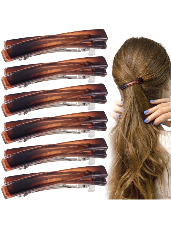 6PCS French Barrette Hair Clips for Women, 2.56 Inch Small Tortoise Shell Hair Clip, Curved Glossy Thin Hair Flat Hair Accessories for Women - Amber, Crossed Style