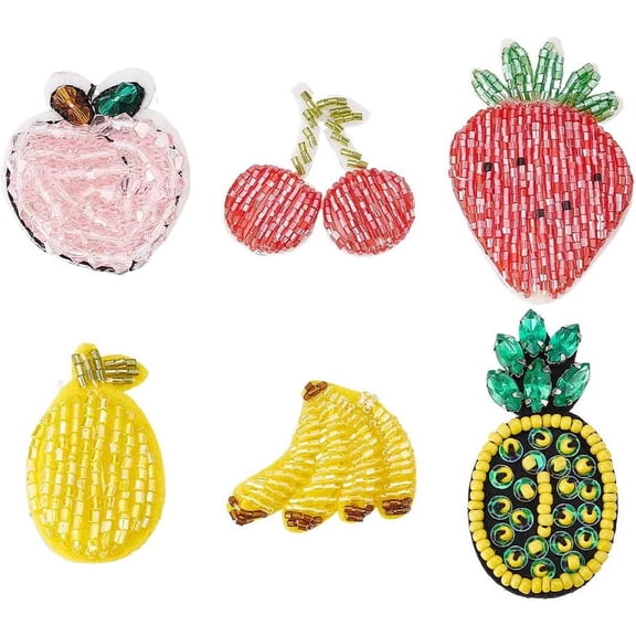 6PCS Fruit Beaded Sew on Patches 6 Style Cherry Pineapple Banana Mango Strawberry Cloth Appliques Patches Handmade Beaded Appliques for Clothes Dress Hat Jeans DIY Decoration for DIY